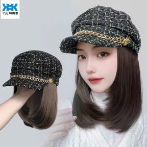 Tse Hat, Wig, One Piece Women's Fashion Autumn and Winter Style Small Fragrant Duck Tongue Hat, Short Hair, Clavicle Hair, Full Head Wig Hat....(with ring)