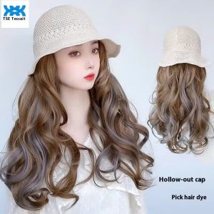 TSE Hat, Wig, One-Piece Women's Mesh Red With Fashionable Hollowed Out Woven Summer Long Curly Hair, Full Set Fisherman Hat HY-AT266 (curly)