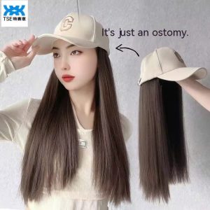 Tse Hat, Wig, One Piece Women's Net Red Spring Summer Fashion, Westernized Duck Tongue Hat, Long Straight Hair, Black Long Straight Wig Headcover